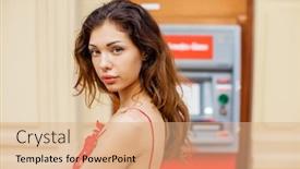  Presentation with atm - Presentation theme having young beautiful woman in a red dress stands against the background of an atm in a shopping center background and a coral colored foreground