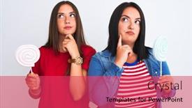  Presentation with lollipop - PPT theme with young beautiful women holding sweet lollipop standing over isolated white background serious face thinking about question very confused idea background and a red colored foreground