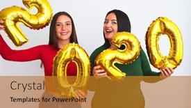  Presentation with women making - Slide set featuring young-beautiful-women-smiling-happy background and a gold colored foreground