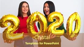  Presentation with women making - Cool new PPT theme with young-beautiful-women-smiling-happy backdrop and a tawny brown colored foreground