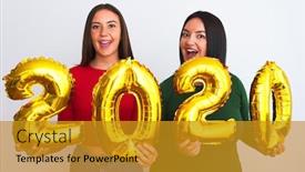  Presentation with women making - Colorful PPT layouts enhanced with young-beautiful-women-smiling-happy backdrop and a gold colored foreground