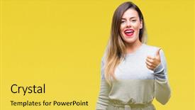  Presentation with work life balance scales business - Cool new PPT theme with young beautiful worker business woman backdrop and a yellow colored foreground