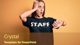  Presentation with staff - PPT layouts enhanced with young-beautiful-worker-woman-wearing background and a tawny brown colored foreground