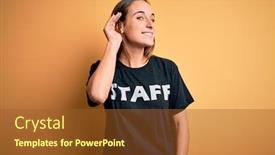  Presentation with listening woman - PPT theme consisting of young-beautiful-worker-woman-wearing background and a tawny brown colored foreground