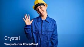  Presentation with blue eyes - Colorful slides enhanced with young-beautiful-worker-woman backdrop and a navy blue colored foreground