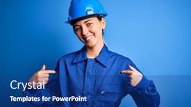  Presentation with blue eyes - Presentation theme with young-beautiful-worker-woman background and a ocean colored foreground