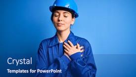  Presentation with health security - Cool new PPT layouts with young-beautiful-worker-woman backdrop and a navy blue colored foreground