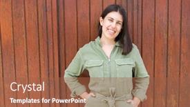  Presentation with wall street - Presentation design featuring young beautiul woman smiling happy at the city street leaning on the wall background and a red colored foreground