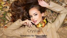  Presentation with scenery - Colorful slide set enhanced with young beauty girl in autumn scenery lying down the leaves beautiful woman with long brown hair outdoors in sunny day backdrop and a coral colored foreground