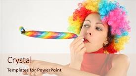  Presentation with clown - Presentation theme having young beauty woman in clown wig and party blower pointing left half body background and a lemonade colored foreground