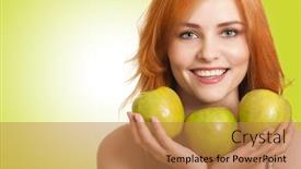  Presentation with green beauty - PPT theme featuring young beauty woman with apple on green background background and a coral colored foreground