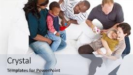  Presentation with kids playing - Beautiful theme featuring young befriended multiracial families sitting backdrop and a light blue colored foreground