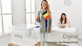  Presentation with belgium - Slides consisting of young-belgian-voter-woman-smiling background and a mint green colored foreground