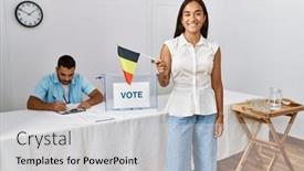  Presentation with belgium - Presentation theme consisting of young-belgian-voter-woman-smiling background and a light gray colored foreground