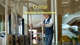  Presentation with lounge - Presentation enhanced with young-bellboy-in-uniform-pushing background and a tawny brown colored foreground