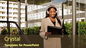  Presentation with headphones - Slides consisting of young-black-businesswoman-using-headphones background and a tawny brown colored foreground