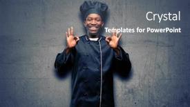  Presentation with cook chef - Amazing theme having young black cook wearing chef hat doing ok sign gesture with both hands expressing meditation and relaxation backdrop and a gray colored foreground