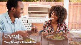  Presentation with lunch - Slide set with young black couple eating lunch background and a violet colored foreground