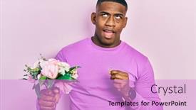  Presentation with black man - PPT theme having young-black-man-holding-bouquet background and a lilac colored foreground