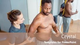  Presentation with black man - PPT theme featuring young-black-man-receiving-physical background and a coral colored foreground