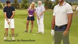  Presentation with course - PPT theme enhanced with young black man smiling happy on golf course holding golf club background and a yellow colored foreground