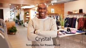  Presentation with clothes shop - Colorful slide deck enhanced with young black man smiling backdrop and a coral colored foreground