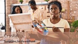  Presentation with black art - PPT layouts enhanced with young-black-painter-woman background and a coral colored foreground