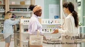  Presentation with black woman - Slide set with young-black-woman-asking-shop background and a coral colored foreground