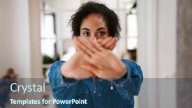  Presentation with black woman - Presentation theme consisting of young-black-woman-gesturing-stop background and a ocean colored foreground