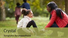  Presentation with kneeling - Slide set consisting of kneeling - young black woman helping her background and a yellow colored foreground
