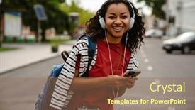  Presentation with black woman - PPT theme having young-black-woman-in-headphones background and a coral colored foreground