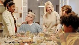  Presentation with dinner - PPT layouts having young-black-woman-keeping-hand background and a coral colored foreground