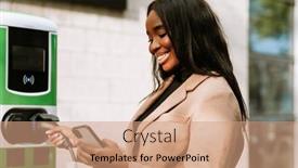  Presentation with mobile charging - Theme consisting of young-black-woman-using-mobile background and a  colored foreground