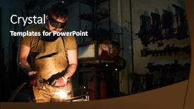  Presentation with welding - Audience pleasing slide set consisting of young blacksmith in protective eyeglasses and apron standing by anvil and welding one of iron workpieces backdrop and a black colored foreground