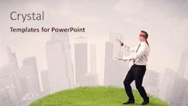  Presentation with blindfolded - Amazing theme having young blindfolded businessman steps on a a patch of grass with a cloudy city in the background backdrop and a lemonade colored foreground