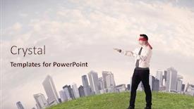  Presentation with blindfolded - Audience pleasing theme consisting of young blindfolded businessman steps on a a patch of grass with a grey buildings in the background backdrop and a lemonade colored foreground