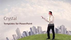  Presentation with blindfolded - Presentation theme consisting of young blindfolded businessman steps on a a patch of grass with a grey buildings in the background background and a lemonade colored foreground