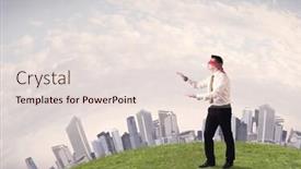  Presentation with blindfolded - Presentation having young blindfolded businessman steps on a a patch of grass with a grey buildings in the background background and a lemonade colored foreground