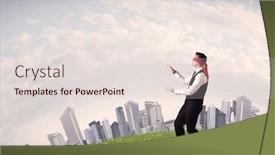  Presentation with blindfolded - Colorful slide deck enhanced with young blindfolded businessman steps on a a patch of grass with a grey buildings in the background backdrop and a lemonade colored foreground