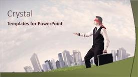  Presentation with blindfolded - Beautiful PPT theme featuring young blindfolded businessman steps on a a patch of grass with a grey buildings in the background backdrop and a lemonade colored foreground