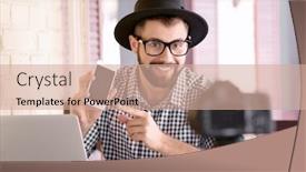  Presentation with blogger - Colorful PPT theme enhanced with young blogger recording video in cafe backdrop and a coral colored foreground