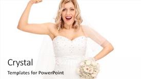  Presentation with flexing - Presentation theme with young blond bride in a white wedding dress flexing her biceps isolated on white background background and a white colored foreground