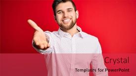  Presentation with blue handshake - Colorful presentation theme enhanced with young-blond-businessman-with-beard backdrop and a red colored foreground
