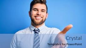  Presentation with blue handshake - Presentation theme having young-blond-businessman-with-beard background and a light blue colored foreground