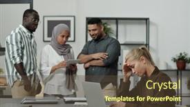  Presentation with intercultural - Slide set having young-blond-businesswoman-touching-head background and a  colored foreground