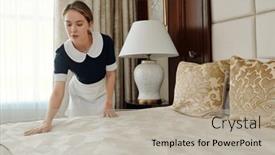  Presentation with bed hotel - Slide set consisting of young-blond-chambermaid-in-uniform background and a mint green colored foreground