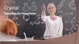  Presentation with chemistry formula - PPT theme featuring young-blond-cheerful-teacher background and a gray colored foreground