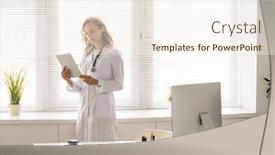  Presentation with data medical - Cool new slide set with young-blond-clinician-in-whitecoat backdrop and a cream colored foreground