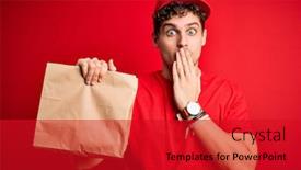  Presentation with food delivery - Theme featuring young-blond-delivery-man background and a crimson colored foreground