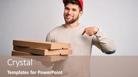  Presentation with pizza delivery - Slide set with young-blond-delivery-man background and a coral colored foreground